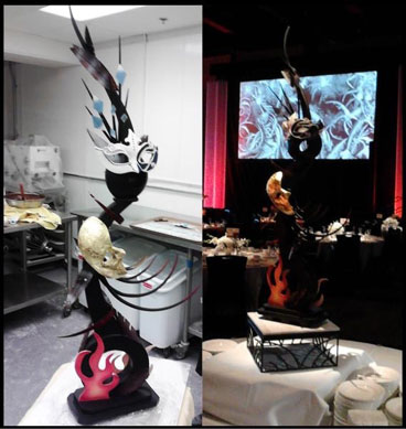 The 100% edible four-foot masquerade-themed sculpture made of chocolate and sugar.